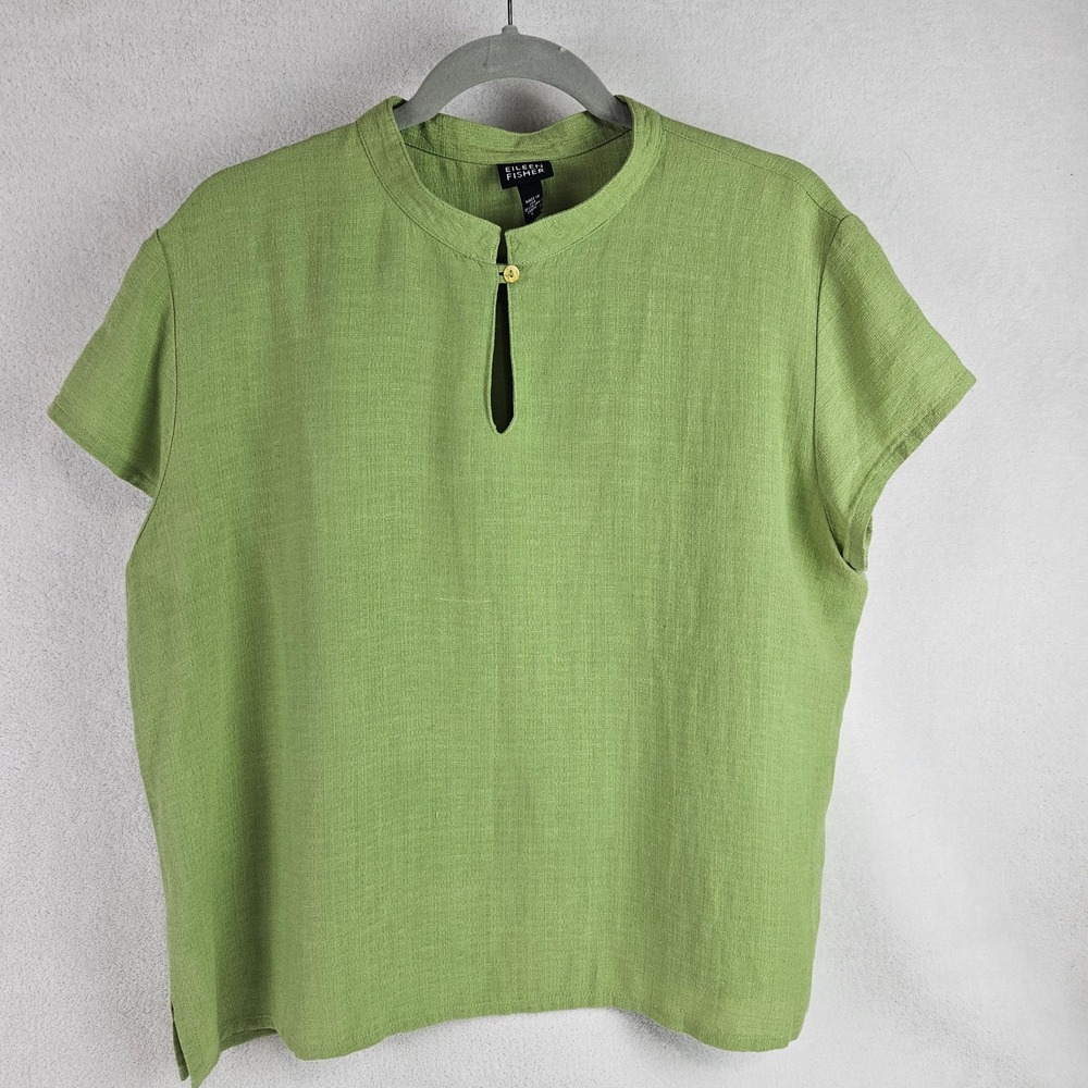 Eileen Fisher Green Linen Viscose Keyhole Top Short Sleeve Size L Preppy Beachy